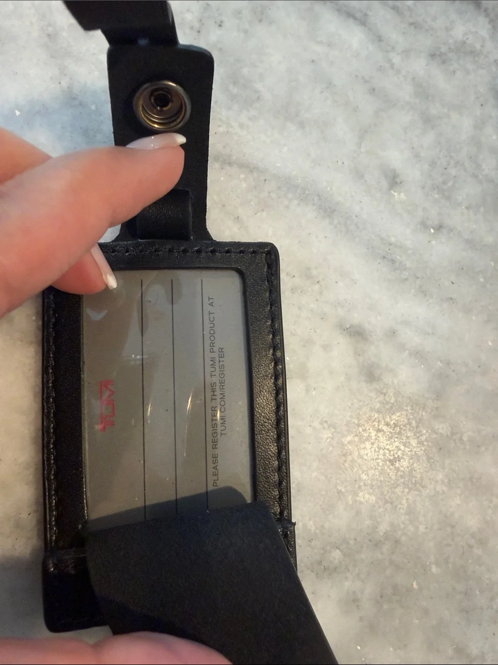 TUMI Leather Luggage Tag ID Holder in Dark Charcoal Black